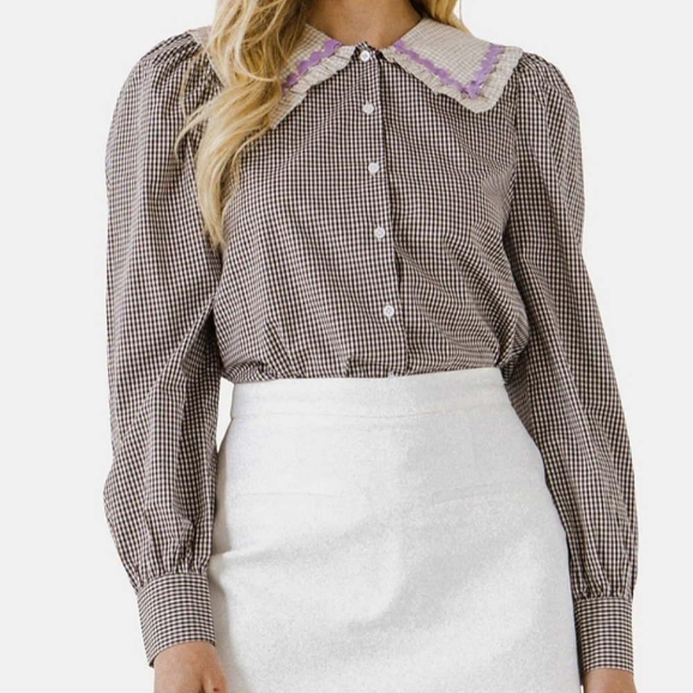 English Factory Brown Gingham Button-Down Shirt with Contrast Collar